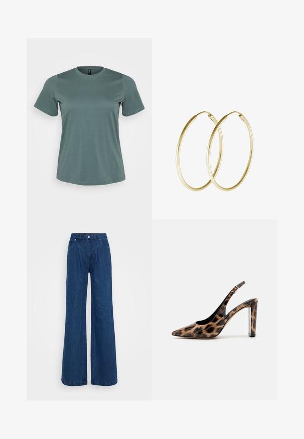 Kortærmet t-shirt i afdæmpet grøn, rund halsudskæring, lavet af blød bomuldsblanding, med en glat tekstur og løs pasform.; Bredbenede blå denimjeans med høj talje, frontknap og lynlås lukning, samt for- og baglommer på en ensfarvet baggrund.; Sandalet med leopardprint, spids tå og gennemsigtig blokhæl. Lavet af blankt materiale med en glat overflade.; Guld hoops øreringe med et glat, rundt design og en blank finish. Letvægts konstruktion med en sikker låsemekanisme.