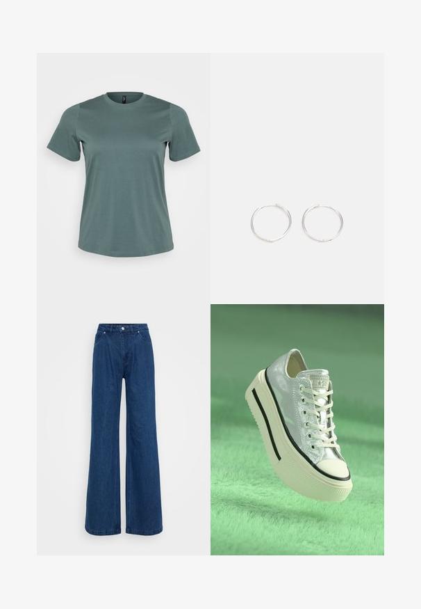 T-maica s kratkimi rokavi v umirjeni zeleni barvi, okrogla izrezana ovratnika, izdelana iz mehkega bombažnega blaga, z gladko teksturo in sproščenim krojem.; Široke modre jeans hlače z visokim pasom, sprednjim gumbom in zadrgo ter sprednjimi in zadnjimi žepi na enobarvni podlagi.; Metallic srebrna teniska z platformo, bele vezalke in črnimi detajli. Ima zaobljen nos in teksturiran gumijast podplat.; Srebrne kroglice z elegantnim, okroglim oblikovanjem, z gladko površino in brez vidnih okrasnih elementov. Premer ni določen.
