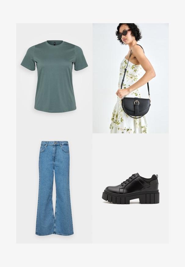 Short-sleeve t-shirt in muted green, round neckline, made of soft cotton blend, featuring a smooth texture and relaxed fit.; Light blue flared jeans made of denim, featuring a high waist, five pockets, and a single button closure. Soft texture with faded finish.; Black leather platform shoes with a chunky block heel, round toe, and traditional lace-up design. Features smooth texture and minimal detailing.; Black leather handbag with a curved shape, detachable strap, and gold hardware. The bag features a flap with a buckle detail.