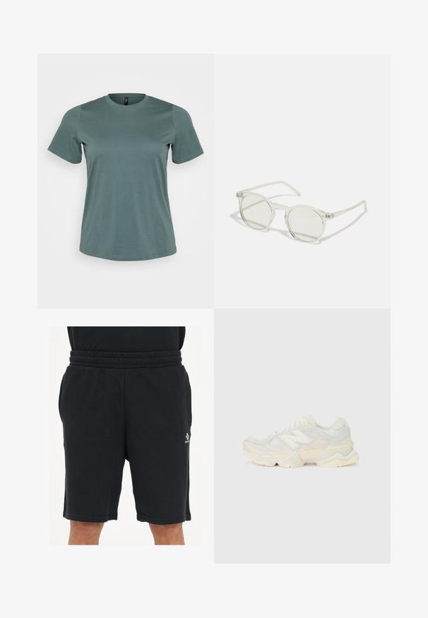 T-paita lyhyillä hihoilla hillityssä vihreässä, pyöreä pääntie, pehmeästä puuvillasekoitteesta valmistettu, jossa on sileä pintakuosi ja rento malli.; Musta lyhythihainen shortsit pehmeästä kankaasta, joissa on joustava vyötärö, sivutaskut ja pieni logo alareunassa.; Kevyt lenkkari, jossa on verkko- ja mokkanahkapinta pehmeissä kerman sävyissä, chunky-pohja ja kolmiulotteiset yksityiskohdat.; Pyöreät aurinkolasit, joissa on läpinäkyvä kehys, vaalean vihreät linssit ja ohuet, kirkkaat saranaosat. Kehyksessä on hienovaraisia metallisosia.