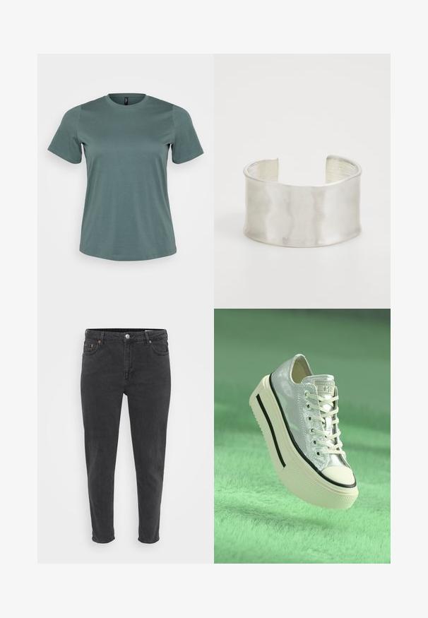 Kortærmet t-shirt i afdæmpet grøn, rund halsudskæring, lavet af blød bomuldsblanding, med en glat tekstur og løs pasform.; Slanke sorte denim jeans med frontknap og lynlås, bæltestropper og fem lommer, vist på en ensfarvet lys baggrund.; Metallisk sølv sneakers med en platformsål, hvide snørebånd og sorte accenter. Har en afrundet tå og struktureret gummi sål.; Zign Armbånd - silver-coloured
