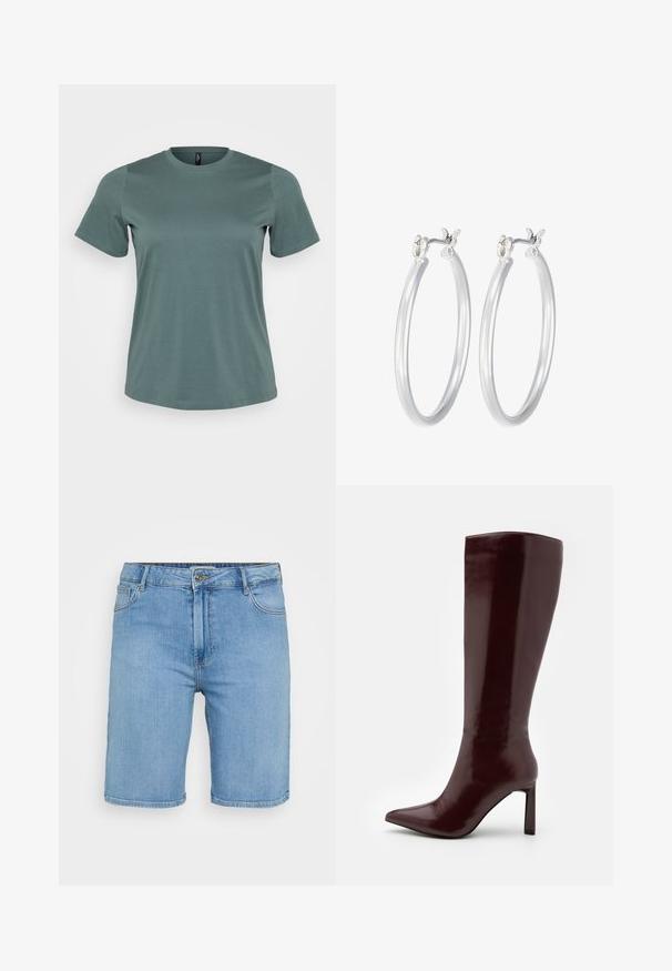 Kortærmet t-shirt i afdæmpet grøn, rund halsudskæring, lavet af blød bomuldsblanding, med en glat tekstur og løs pasform.; Lys blå denim shorts med klassisk pasform, der har en frontknaplukning, bæltestropper og to sidelommer. Glat tekstur og lige kant.; Even&Odd Høje støvler/ Støvler - dark red; Sølv hoop øreringe med en glat, poleret overflade. Rund form og sikker klik-lukning. Letvægtsdesign, der er velegnet til hverdagsbrug.