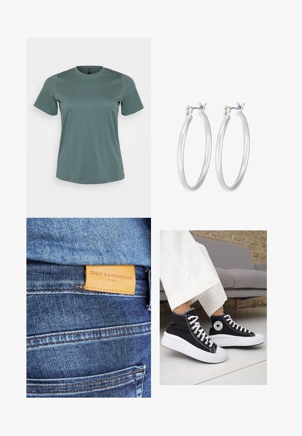 Tričko s krátkym rukávom v tlmených zelených tónoch, okrúhly výstrih, vyrobené z jemnej bavlnenej zmesi, s hladkou textúrou a voľným strihom.; Modré džínsy vyrobené z denimu, so síce hnedou koženou nášivkou s nápisom "ONLY CARMKOMA Denim", viditeľným šitím a detailom bočnej vrecku.; Čierne plátkové tenisky s vysokým strihom a bielymi gumovými podrážkami a šnúrkami. Majú okrúhly logotyp na boku a kontrastné biele stehy.; Strieborné kruhové náušnice s hladkým, lesklým povrchom. Kolový tvar a bezpečné klikanie na uzatváranie. Ľahký dizajn vhodný na každodenné nosenie.