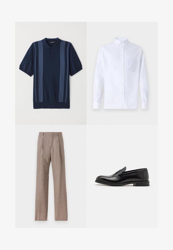 Tumesinise lühikeste varrukatega polo särk kahetooniliste triipudega, kolme nupuga kinnitusega ning ribaga kaela ja käistega. Valmistatud pehmest struktureeritud kangast.; Valge pikamaa varrukatega nööbiga särk, mis on valmistatud puuvillast ja millel on rinna tasku toon-toonis brodeeringuga, krae ja nööbiga mansetid.; Prunnid, kõrge vöökohaga püksid, mis on valmistatud tekstureeritud kangast. Omavad laiu jalgu ja kahte eesmist voldikut struktuuri jaoks. Korralik viimistlus, ilma nähtava riistvarata.; Mustad mustad nahast loafers sileda tekstuuriga, ümarat ninaosa ja dekoratiivne riba vampi üle. Madal kihiline konts, minimalistlik disain.