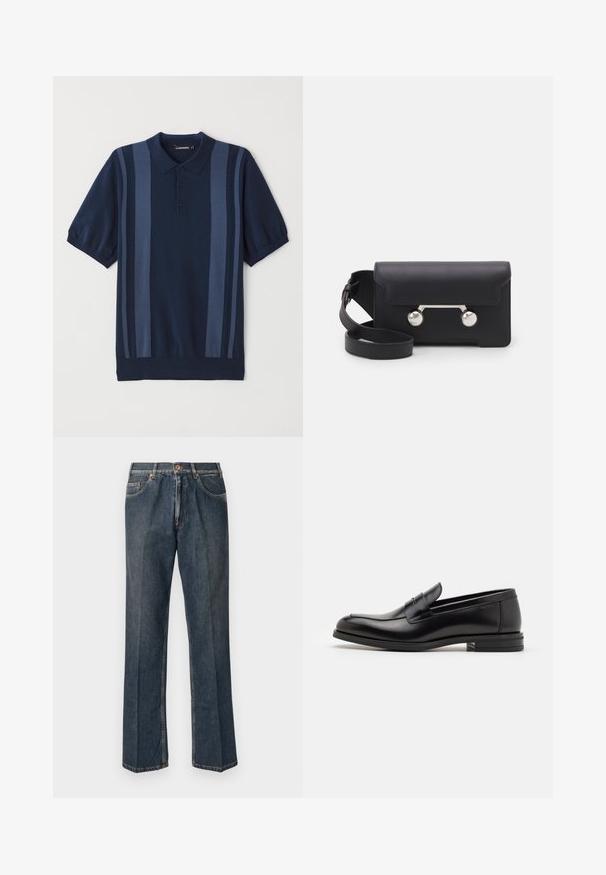 Granatowa koszulka polo z krótkim rękawem, z dwukolorowymi paskami, zapięciem na trzy guziki oraz ściągaczami przy kołnierzyku i mankietach. Wykonana z miękkiego, teksturowanego materiału.; Ciemnoniebieskie dżinsy prostego kroju z przodu na guzik, z suwakiem, podwójnymi kieszeniami z przodu oraz widocznymi pionowymi zmarszczeniami na nogawkach.; Czarne skórzane mokasyny o gładkiej fakturze, zaokrąglonym nosku i dekoracyjnym pasku na przodzie. Niski, warstwowy obcas, minimalistyczny design.; Czarna skórzana torba na ramię z klapką, z metalowymi elementami w srebrnym kolorze i dwoma okrągłymi akcentami. Posiada odczepiany pasek. Gładka faktura.
