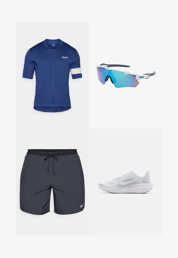 Kortärmad cykeltröja i mörkblått, med dragkedja och vit randaccent. Tillverkad av textilerad, andningsbar tyg med en figursydd design.; Nike löpshorts i mörkgrått, med en elastisk midja som har dragsko och en silverlogotyp på nederdelen av högra benet.; Vit sportskor med ovandel i mesh, släta texturerade överlager, grå accenter, snören och en vadderad sula designad för prestanda.; Solglasögon med vit ram, grå detaljer och blå spegelglas. Sportig design, omslutande form och justerbara näskuddar.