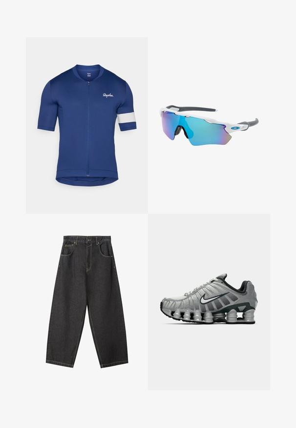 Sötétkék, rövid ujjú kerékpáros mez, cipzárral és fehér csíkkal. Készített lélegző, struktúrált anyagból, testhez álló szabással.; Fekete farmer széles lábú nadrág sárga varrással, öt zsebes kialakítással és közepes derékkal. Texturált anyag sima felülettel.; Szürke és fekete Nike futócipő, látható rugós párnázással a talp alatt és fehér swoosh logóval az oldalon.; Fehér keretű napszemüveg, szürke díszítéssel és kék tükörlencsékkel. Sportos dizájn, körbeölelő forma és állítható orrtámasz.