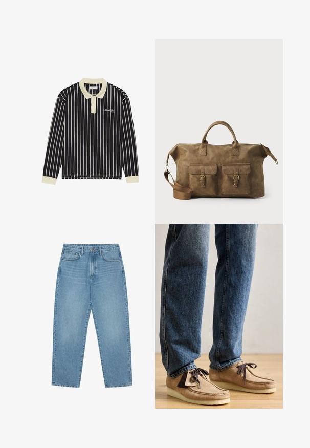 Langärmliges Polohemd mit vertikalen Streifen in Marineblau und Creme, einem cremefarbenen Kragen, einer Drei-Knopf-Leiste und einem gestickten Logo auf der linken Brust.; Hellblaue Jeans im weit geschnittenen Stil mit hoher Taille, ausgestattet mit fünf Taschen, Gürtelschlaufen und einer weichen, leicht verblassten Textur.; Wildleder-Mokassins in Tan mit dunkelbraunen Akzenten, runder Zehenform und weichem weißen Fußbett. Sie verfügen über ein Schnürdesign und gestickte Details.; Braune Ledertasche mit zwei Fronttaschen, verstellbarem Schulterriemen, goldfarbenen Beschlägen und stabilen oberen Griffen. Glatte Textur.