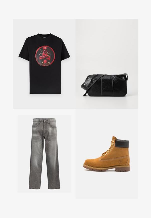 T-shirt preta de algodão com estampa gráfica de uma personagem mascarada em vermelho e preto, centrada dentro de um destaque circular vermelho.; Jeans em denim cinza com um corte largo, apresentando detalhes de desgaste e desbotamento, um design clássico de cinco bolsos e fechamento em botão.; Botim de tornozelo em camurça bege com colarinho acolchoado preto, ilhós de metal dourado, detalhes de costura branca e sola de borracha robusta com sulcos pronunciados.; Bolsa de ombro em couro preto com fecho em zíper, apresentando um corpo texturizado, costura branca e uma alça com ilhós prateados.