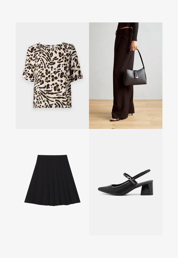 Blouse à manches courtes en beige clair avec imprimé animal noir et marron. Présente un col carré et une coupe décontractée. Texture légère.; Jupe plissée noire en tissu texturé avec une taille ajustée. Arrive au genou, présentant une silhouette lisse et épurée.; Escarpins slingback en cuir verni noir avec un embout pointu, un design à découpes arrondies et un talon carré. Présente un accent de boucle en ton doré.; Sac à main noir à la forme structurée, texture lisse et fermoir métallique. Associé à un pantalon noir ample et des sandales ouvertes sur un sol en bois.