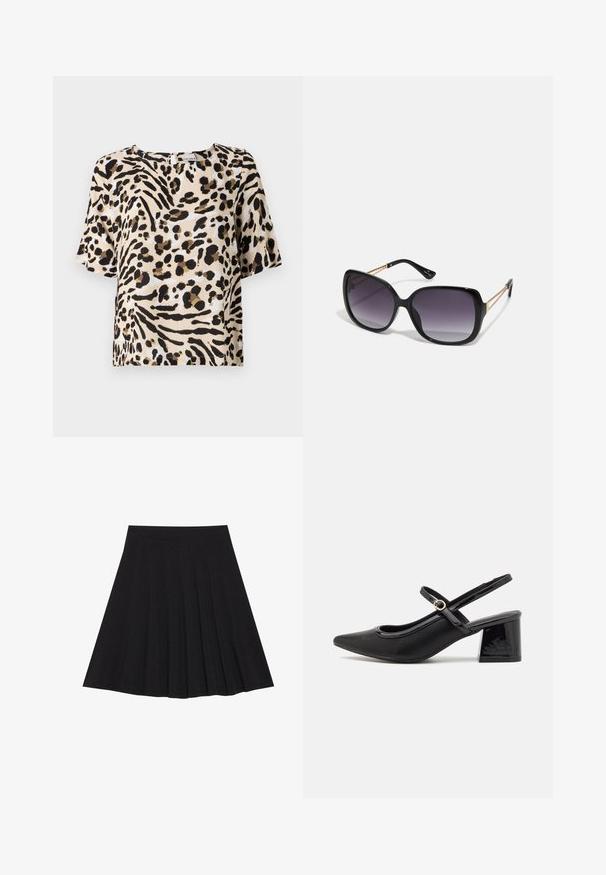 Kurzarmbluse in hellem Beige mit schwarzem und braunem Tierdruck. Sie hat einen quadratischen Ausschnitt und eine lockere Passform. Leichte Textur.; Schwarzer, plissierter Rock aus strukturiertem Stoff mit einem taillierten Bund. Fällt knielang und hat eine glatte, klare Silhouette.; Schwarze Lackleder-Slingback-Absätze mit spitzer Zehenform, einem runden Ausschnitt-Design und einem Blockabsatz. Mit einem goldfarbenen Schnallenakzent.; Schwarze übergroße Sonnenbrille mit getönten Gläsern, dicken Rahmen und goldfarbener Kettendetaillierung an den Bügeln.; Schwarze Handtasche mit strukturierter Form, glatter Textur und einem metallischen Verschluss. Kombiniert mit weiten schwarzen Hosen und offenen Sandalen auf einem Holzboden.
