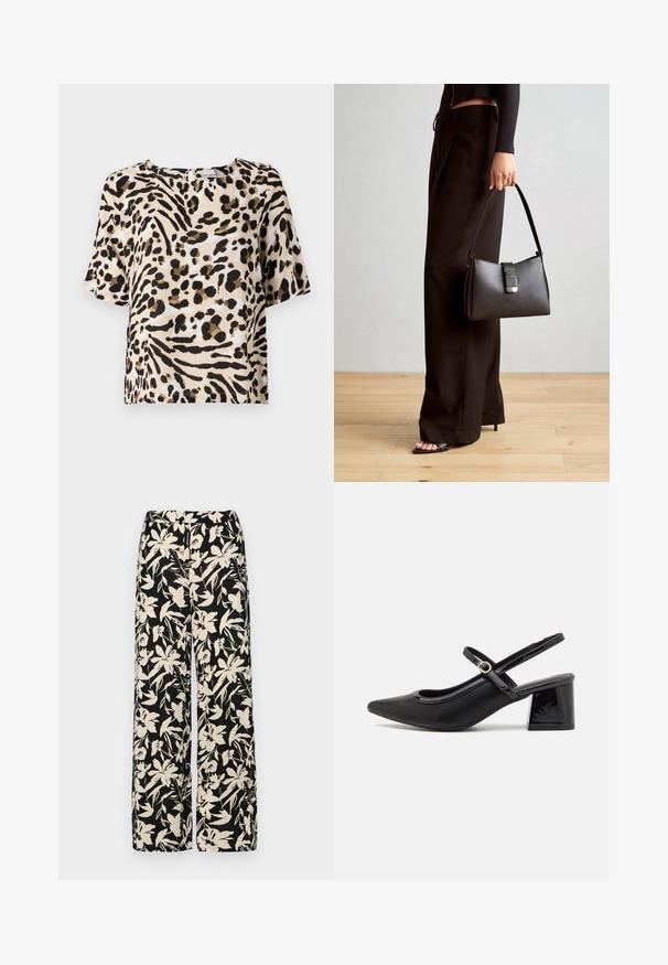 Kortermet bluse i lys beige med svart og brun dyremønster. Har firkantet utringning og en avslappet passform. Lett tekstur.; Sorte vide bukser med et cremet blomster mønster. Fremstillet af letvægtsstof, med en glat tekstur og en høj talje.; Sorte lakk lær slingback hæler med spiss tå, et avrundet utskjæringsdesign og blokkheel. Har en gulltone spenne som detalj.; Svart håndveske med strukturert form, jevn tekstur og metallisk lås. Kombinert med brede svarte bukser og sandaler med åpen tå på tregulv.