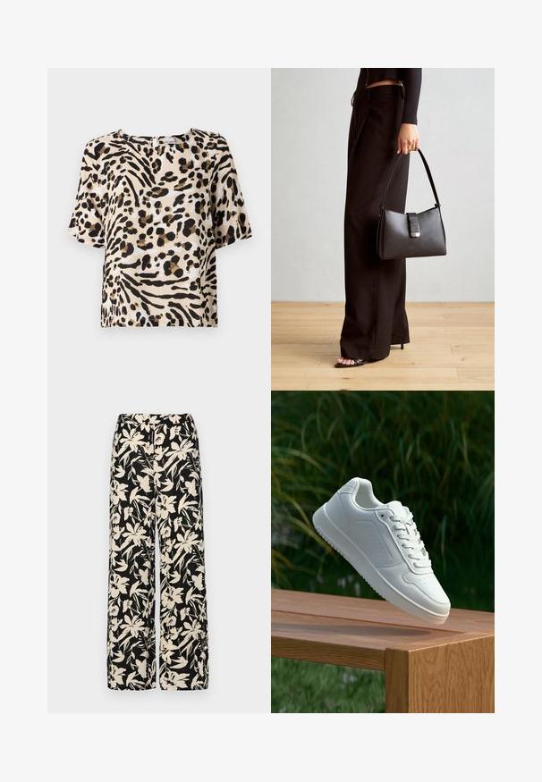 Kortærmet bluse i lys beige med sort og brun dyreprint. Har en firkantet udskæring og en afslappet pasform. Letvægtsstruktur.; Sorte vide bukser med et mønster af cremefarvede blomster. Lavet af letvægtsstof, som har en glat tekstur og en høj talje.; Hvid sneaker med en glat syntetisk overdel, perforeret tåboks, flade snørebånd og en tekstureret sål, præsenteret på en træoverflade.; Sort håndtaske med struktureret form, glat overflade og metalspænde. Sammen med brede sorte bukser og sandaler med åben tå på trægulv.