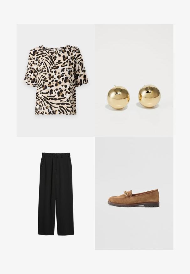 Kurzarmbluse in hellem Beige mit schwarzem und braunem Tierdruck. Sie hat einen quadratischen Ausschnitt und eine lockere Passform. Leichte Textur.; Schwarze weit geschnittene Hose aus glattem Stoff, mit elastischem Bund, Seitentaschen und einem Knopfverschluss an der Taille.; Tamaris Slipper - camel; Goldene, kugelförmige Steckohrringe mit polierter Oberfläche und kleinem Steg. Sie weisen eine glatte Textur und reflektierende Oberfläche auf.