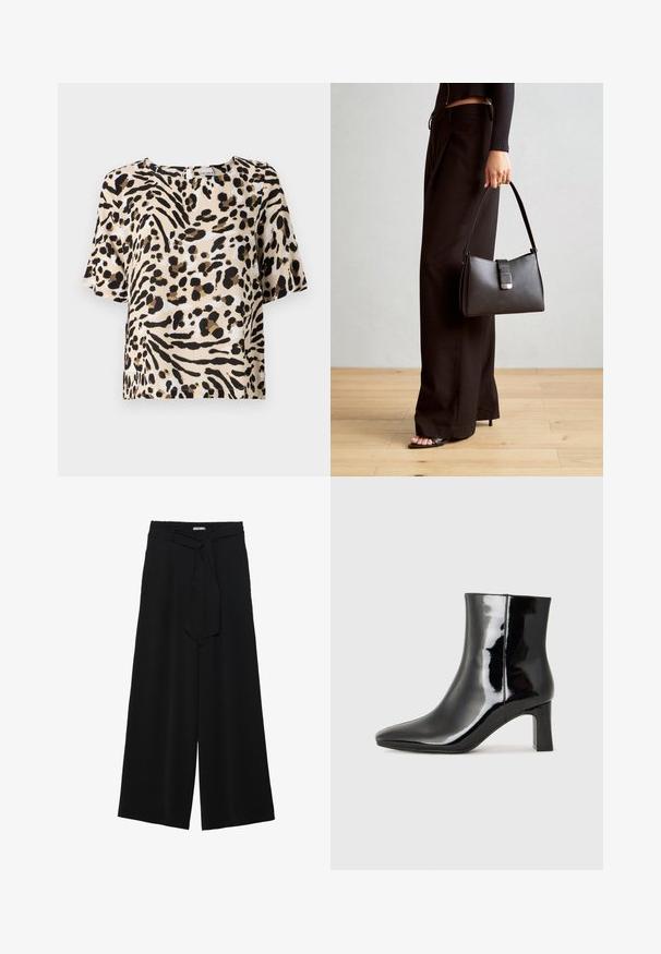 Blouse à manches courtes en beige clair avec imprimé animal noir et marron. Présente un col carré et une coupe décontractée. Texture légère.; Pantalons larges noirs en tissu texturé, avec une taille élastique et une ceinture à nouer amovible à la taille pour un ajustement variable.; Bottines en cuir verni noir avec un bout pointu et un talon block de hauteur moyenne. Texture lisse et design minimaliste.; Sac à main noir à la forme structurée, texture lisse et fermoir métallique. Associé à un pantalon noir ample et des sandales ouvertes sur un sol en bois.