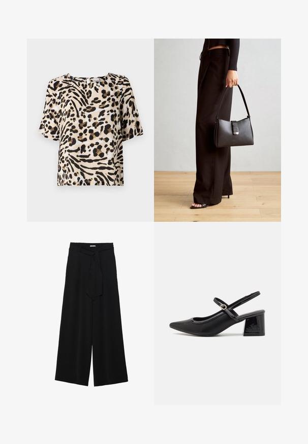 Kurzarmbluse in hellem Beige mit schwarzem und braunem Tierdruck. Sie hat einen quadratischen Ausschnitt und eine lockere Passform. Leichte Textur.; Schwarze weite Hosen aus strukturiertem Stoff, mit elastischem Bund und einem abnehmbaren Bindegürtel in der Taille für eine verstellbare Passform.; Schwarze Lackleder-Slingback-Absätze mit spitzer Zehenform, einem runden Ausschnitt-Design und einem Blockabsatz. Mit einem goldfarbenen Schnallenakzent.; Schwarze Handtasche mit strukturierter Form, glatter Textur und einem metallischen Verschluss. Kombiniert mit weiten schwarzen Hosen und offenen Sandalen auf einem Holzboden.