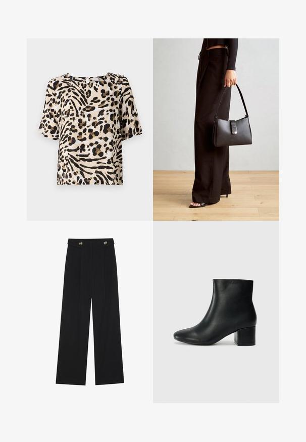 Kurzarmbluse in hellem Beige mit schwarzem und braunem Tierdruck. Sie hat einen quadratischen Ausschnitt und eine lockere Passform. Leichte Textur.; Schwarze weite Hosen mit hoher Taille, Knopfdetails am Bund und vorderen Falten.; Schwarze Leder-Ankle-Boots mit spitzem Zehenbereich und klobigem Absatz. Glatte Textur mit minimalen Akzenten und einem eleganten, taillierten Design.; Schwarze Handtasche mit strukturierter Form, glatter Textur und einem metallischen Verschluss. Kombiniert mit weiten schwarzen Hosen und offenen Sandalen auf einem Holzboden.