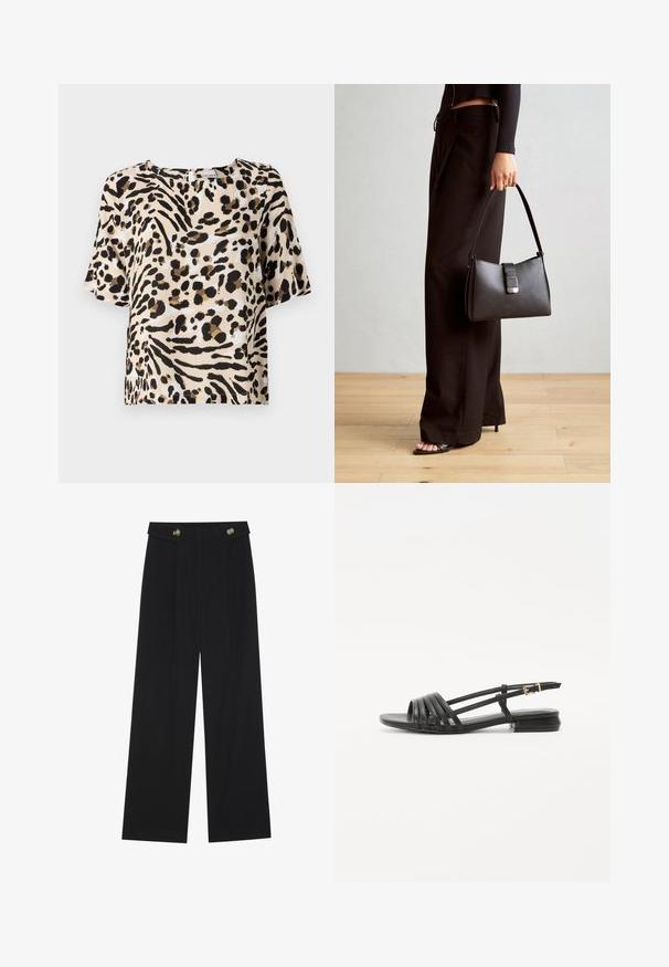 Lyhythihainen paita vaaleanbeigellä musta- ja ruskeakirjavalla eläinkuosilla. Ominaisuuksiin kuuluu neliönmuotoinen pääntie ja rento istuvuus. Kevyt materiaali.; Mustat leveälahkeiset housut, joissa on korkea vyötärö, napit vyötärönauhassa ja etupuolella laskokset.; Musta litteä sandaalit, joissa on hihnattu muotoilu, sisältäen useita nahkahihnoja ja kapean nilkkasoljen. Pohja on litteä ja suorakulmainen.; Musta käsilaukku, jossa on rakenteellinen muoto, sileä pinta ja metallinen solki. Yhdistetty leveisiin mustiin housuihin ja avonaiheisiin sandaaleihin puulattialla.