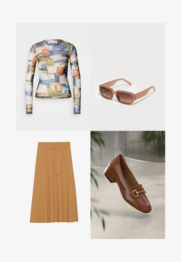 Langarmshirt met een collage van vintage ansichtkaarten en postzegels in blauwe, beige en groene tinten; soepel, lichtgewicht stof.; Anna Field A-lijn rok - rust brown; Bruine lakleren loafer met vierkante neus, metallic kettingaccent en lage blokhak; gladde textuur, minimalistisch ontwerp.; Bruine rechthoekige zonnebril met gradient lenzen, dikke monturen en een logo-detail aan de zijkant. Soepel plastic materiaal, minimalistisch ontwerp.; Witte gestructureerde handtas met korte handvatten en een schouderband, voorzien van gouden hardwareaccenten en een textuurmateriaal, tentoongesteld tegen een grijze achtergrond.