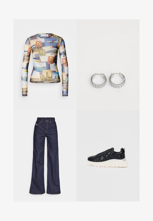 Camisa de manga larga, que presenta un collage de postales y sellos vintage en tonos azules, beige y verdes; tejido ligero y suave.; Vaqueros de pierna ancha de color azul oscuro, fabricados en denim, con cintura alta, costuras naranjas, diseño de cinco bolsillos y cierre de botón.; Zapatillas negras acolchadas con un upper texturizado, suela blanca gruesa y cordones negros, con un acento de marca en el talón y un collar acolchado.; Pendientes de aro plateados con un diseño texturizado que presenta estrías verticales. Forma circular con un cierre de seguridad. Acabado suave.