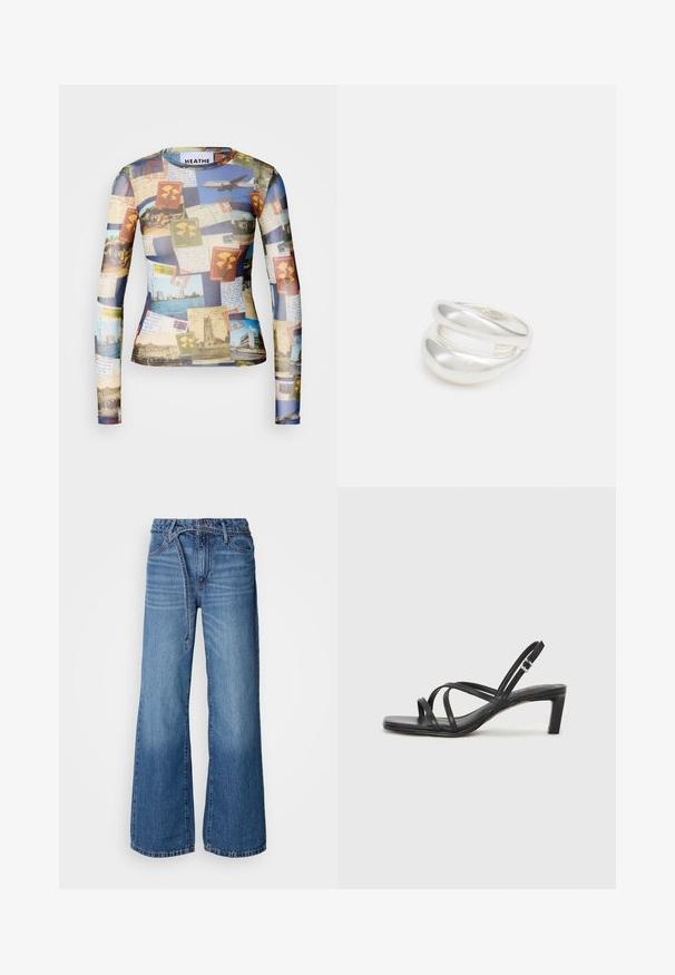 Maglietta a maniche lunghe, caratterizzata da un collage di cartoline e francobolli vintage in toni di blu, beige e verde; tessuto liscio e leggero.; Jeans a gamba larga di colore azzurro chiaro realizzati in denim. Presentano un alta vita, cuciture a vista e una cinta con nodo. Texture sbiadita verso il fondo.; Sandalo nero con cinturini, dalla punta squadrata e tacco basso a blocco. Presenta diversi cinturini sottili e una cinturini regolabile alla caviglia. Realizzato in pelle liscia.; Anello doppio in argento con superficie liscia e lucida. Presenta un design fluido e curvo con sezioni sovrapposte per un aspetto moderno.