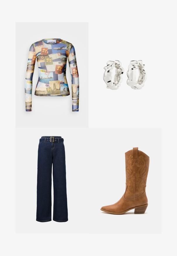 Pikad varrukad, millel on kolleež vintage postkaartidest ja markidest sinise, beeži ja rohelise tooni kombinatsioonis; sile ja kerge kangas.; Tumedat sinised laiad teksapüksid õmblustega taskutega ja sobiva vööga, millel on suur ristküliku kujuline kuldne kinnituskinnis.; Kohvitooni nahast cowboy-kork, millel on terav varvas, tikitud keerised varrel ja virnastatud ploki konts. Omab tõmbeava, et seda oleks lihtne jalga panna.; Hõbedased rõngaskõrvarõngad tekstuuriga, ebakorrapärase disainiga. Pind on peegeldav, näidates välja kõverusi ja kontuure. Sisemine ruum on tühi.