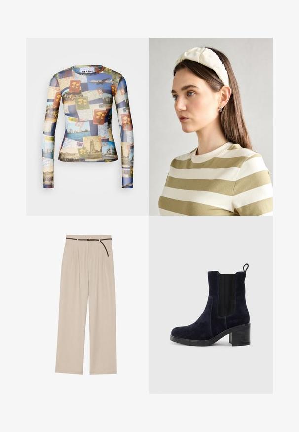 Camisa de manga larga, que presenta un collage de postales y sellos vintage en tonos azules, beige y verdes; tejido ligero y suave.; Pantalones de pierna ancha beiges con pliegues, confeccionados en un tejido ligero, con un cinturón trenzado marrón y dobladillo recto.; Botín de ante azul marino con panel lateral elástico, puntera redondeada y tacón de bloque. La tela texturizada y la suela lisa añaden contraste.; Diadema acolchada crema con diseño trenzado, acompañada de una camiseta de rayas beige y blanca con cuello redondo. Sutiles acentos de joyería.