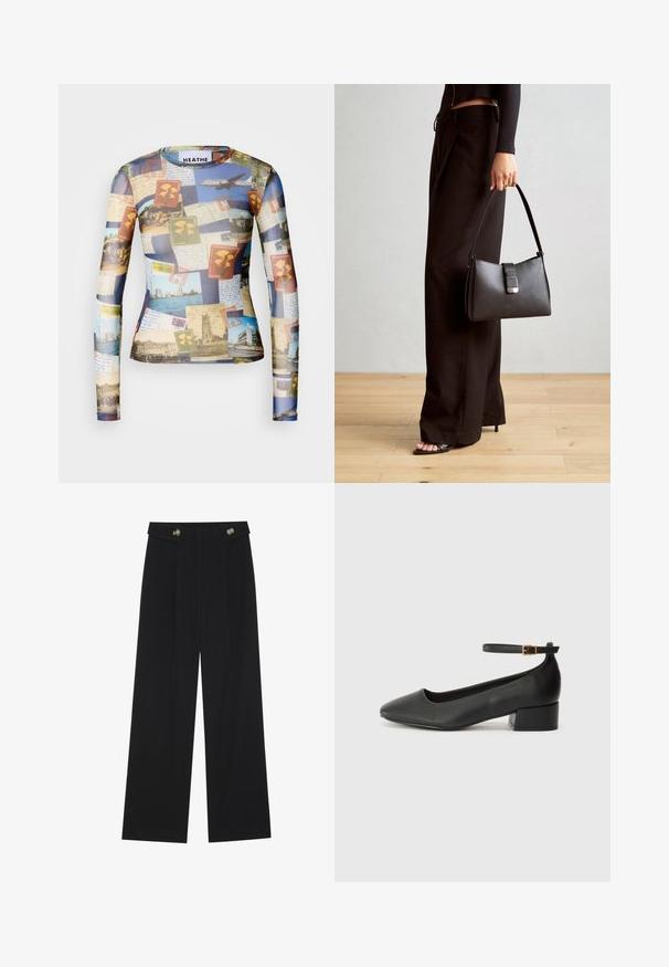 Pikad varrukad, millel on kolleež vintage postkaartidest ja markidest sinise, beeži ja rohelise tooni kombinatsioonis; sile ja kerge kangas.; Mustad laiad püksid kõrge vöökoha ja nööpdetailidega vööandil, esikortsudega.; Must mustaapp, millel on terav nina ja madal blokk-kand. Omab pahkluu rihma koos kuldse tooni pandlaga. Sile tekstuur.; Must musta kott, millel on struktureeritud kuju, sile tekstuur ja metallist klamber. Kombineeritud laiate mustade pükstega ja avatud varvaste sandaalidega puidust põrandal.