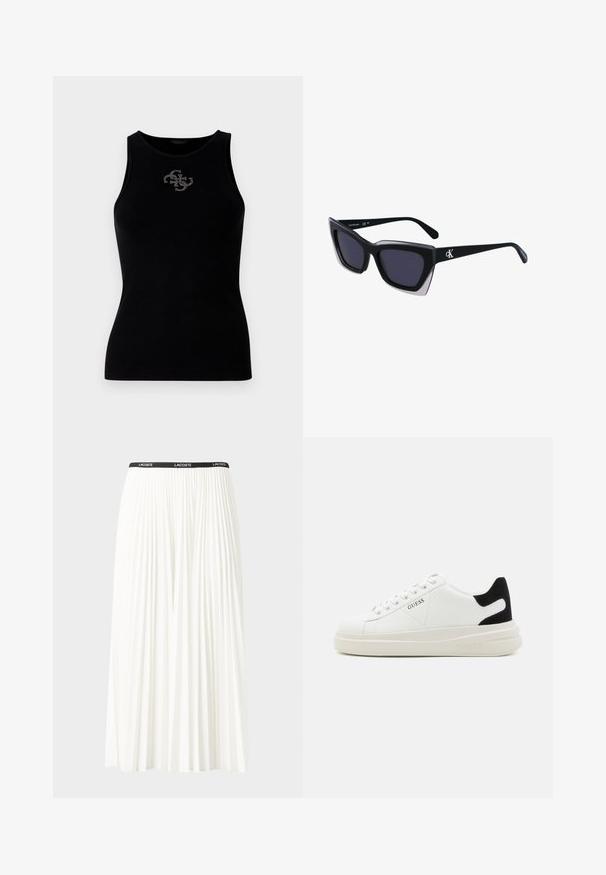 Melns ribots topiņš ar apaļu dekoltē un logo, kas izrotāts ar sudraba kniedēm priekšpusē. Mīksts, elastīgs audums.; Gari plānas baltas svārku ar melnu elastīgu jostu, uz kuras redzams "LACOSTE" logo. Vidēja garuma dizains ar mīkstu tekstūru.; Baltas ādas sporta apavi ar biezu balto zoli, melna zamša uzpura un izspiestais logotips sānos. Šņorējuma dizains ar sešiem acu caurumiem.; Melni pārmēru saulesbrilles ar ģeometrisku formu, kas aprīkotas ar tumšiem stikliem un kontrastējošu pelēku akcentu uz rāmja. Logo uz kājas.