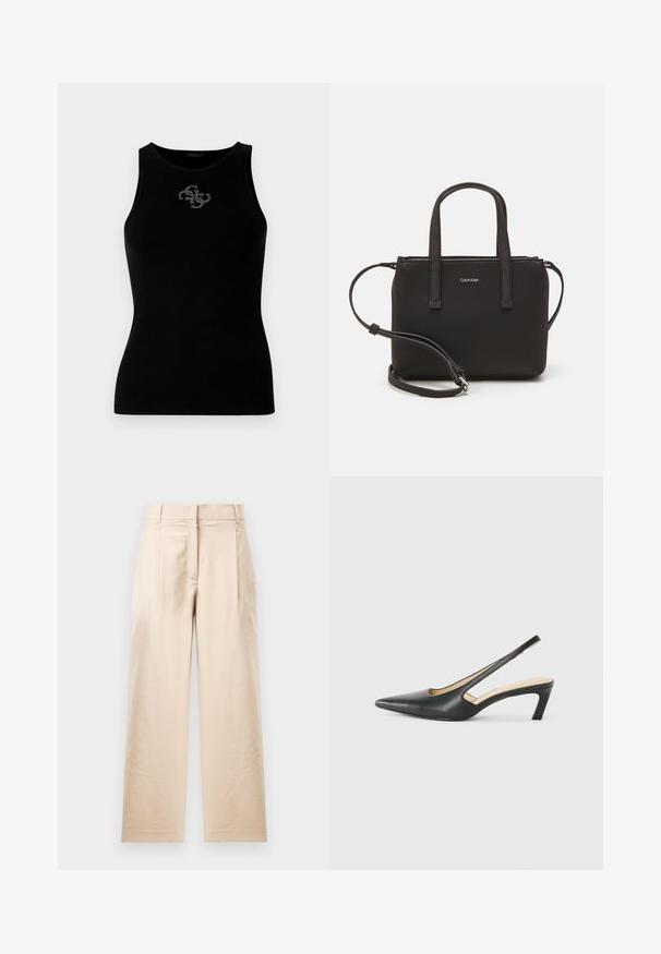 Must värviline ribatraukidega tank top, millel on ümar krae ja esiosas hõbedaste nööpidega kaunistatud logo. Pehme ja veniv kangas.; Beežid püksid siledast kangast. Omavad sirget lõiget, lame esiosa ja kahte voldikut. Puuduvad nähtavad mustrid või riistvara.; Must mustaga, terav varvas, madala kontsaga sildiga king, mis on valmistatud siledast nahast ja mille küljel on lõike disain hingavuse tagamiseks.; Musthave mustrans vöö ja eemaldatav õlarihm. Gludike nahk siledaga, millel on tõmblukk ja logo detail.