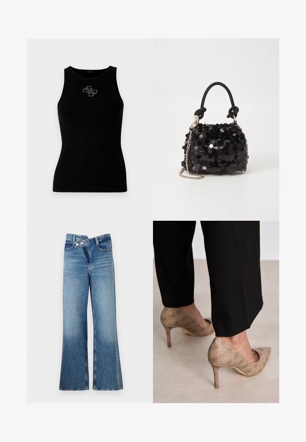 Sort ribbet tank top med rund udskæring og et logo prydet med sølvfarvede nitter på forsiden. Blødt, strækbart stof.; Lysblå denim flared jeans med høj talje, der har to knapper og forlommer. Stoffet har en falmet struktur med subtile variationer.; Beige høje hæle med et struktureret stof, der har et gentaget mønster. Spids tådesign med en bagsideaccent og guldhælsdetail.; Sort pailette mini håndtaske med en knyttet struktureret rem og sølv kæde. Rund form med samlet top og reflekterende detaljer.