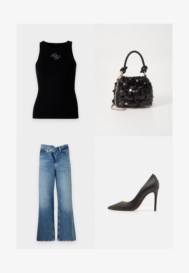 Černý žebrovaný top s kulatým výstřihem a logem zdobeným stříbrnými nýty na přední straně. Měkká, elastická látka.; Světle modré riflové zvonové džíny s vysokým pasem, mají dva knoflíky a přední kapsy. Látka má vybledlý povrch s jemnými variacemi.; Černé kožené lodičky s vysokým podpatkem a špičatou špičkou, s hladkým povrchem, štíhlým podpatkem a minimalistickým designem.; Černá mini kabelka s flitry, s uzlovým texturovaným popruhem a stříbrným řetízkem. Zaoblený tvar s nařaseným vrchem a reflexními detaily.