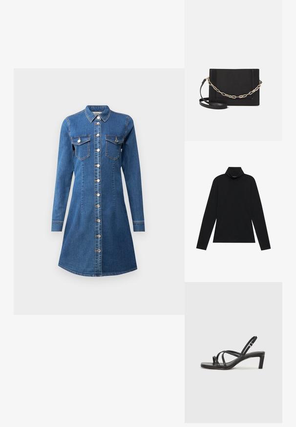 Musthave musta pika varrukaga dressipluus. Pehme kangas, keha järgi vormitud disain, kõrge krae ja külgõmblused. Lihtne ja mitmekülgne stiil, sobib ideaalselt kihiline riietumine.; Denimist kampsärgid, millel on pikad varrukad, nööbiga esikülg, terav krae, kaks rinna taskut ja kitsas kehaosa, mis laieneb hemmed. ; Mustast rihmajalatsid ruudukujulise varba ja madala ploki kontsaga. Omab mitmeid õhukesi rihmasid ja reguleeritavat pahkluu rihma. Valmistatud siledast nahast.; Mustast nahast õlakott, mis omab siledat tekstuuri, ristküliku kuju ning esiküljel metallketi detaili. Reguleeritav rihm on kaasas.