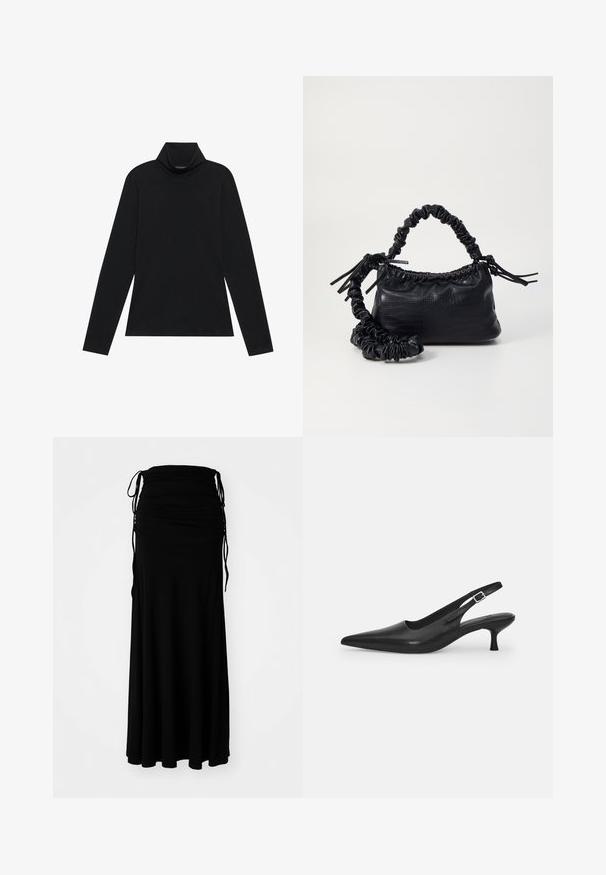 Schwarzes langärmeliges Rollkragenshirt. Weicher Stoff, enganliegendes Design, hoher Kragen und seitliche Nähte. Schlichter und vielseitiger Stil, der sich gut für das Layering eignet.; Schwarzes, knöchellanges Kleid aus weichem, elastischem Stoff mit gekräuseltem Oberteil und verstellbaren Bindebändern an den Seiten, die eine fließende Silhouette kreieren.; Schwarzer Leder-Slingback-Schuh mit spitzer Zehenform und schmalem, geschwungenem Absatz. Verfügt über einen unauffälligen verstellbaren Riemen mit einer Metallschnalle.; Schwarze Handtasche aus Kunstleder mit Krokodilstruktur, gerafftem oberen Teil und einem geschoppten Tragegurt. Sie wirkt weich und kompakt im Design.