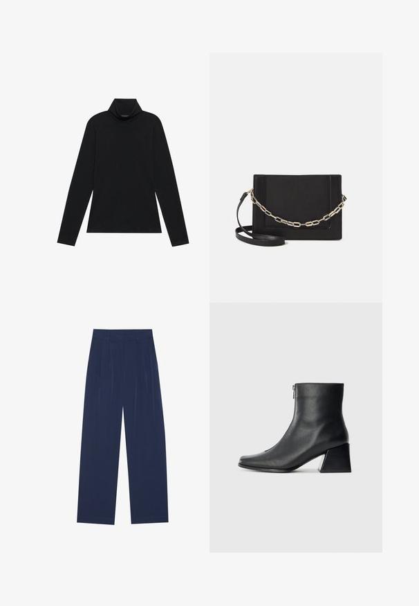 Melnais garais piedurkņu turtleneck krekls. Mīksta auduma, pieguļošs dizains, augsts apkakle un sānu šuves. Vienkāršs un daudzpusīgs stils, piemērots slāņošanai.; Tumši zili platleņķa bikses, kas izgatavotas no mīksta auduma, ar priekšējo krokām, gludu tekstūru un taisnu piegriezumu bez redzamām kabatām.; Melna ādas potītes zābaku ar kvadrātveida purngalu, sānu rāvējslēdzēju un bloku papēdi uz vienkārša gaismas fona.; Melna ādas crossbody soma ar gludu faktūru, taisnstūrveida formu un metalizētu ķēdes detaļu priekšā. Iekļauta regulējama siksna.