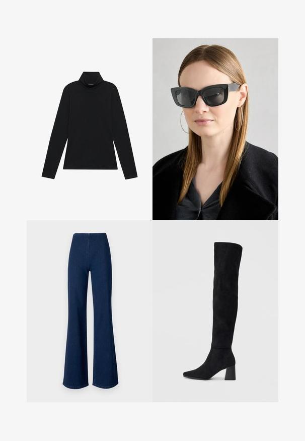 Camisola preta de manga longa com gola alta. Tecido macio, design justo, gola alta e costuras laterais. Estilo simples e versátil, adequado para sobreposição.; Calças de ganga em azul escuro, com corte flare e uma cinturilla elástica. Apresentam uma textura suave e um design de perna larga que se estende até à bainha.; Bota de camurça preta até ao joelho com salto bloco, bico fino e design suave e sem costuras sobre um fundo claro.; Óculos de sol pretos em formato de gato com lentes escuras, armações grossas e acentos subtis. Usados com um casaco preto e uma blusa cinza, apresentando cabelo longo e liso.