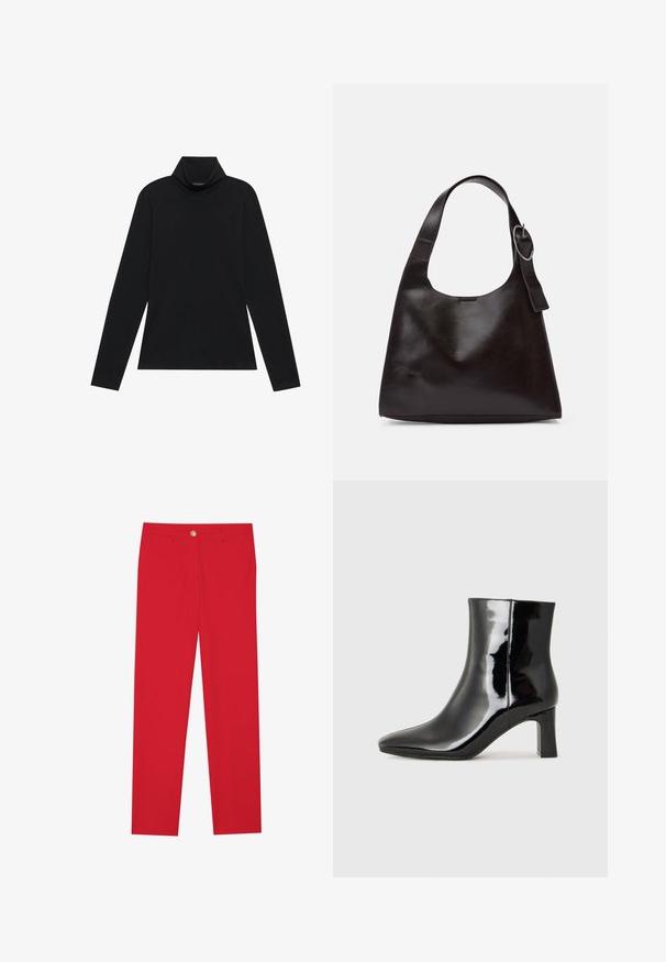 Melnais garais piedurkņu turtleneck krekls. Mīksta auduma, pieguļošs dizains, augsts apkakle un sānu šuves. Vienkāršs un daudzpusīgs stils, piemērots slāņošanai.; Sarkanas bikses ar taisnas kājas piegriezumu, plakanu priekšpusi, vienu pogu un divām sānu kabatām. Taisna auduma virsma bez redzamām rakstu vai akcentu detaļām.; Melnas patentētas ādas potīšu zābaki ar norādītu pirkstu un vidēja augstuma kvadrātveida papēdi. Gluda tekstūra un minimālisma dizains.; Brūns ādas plecu soma ar gludu tekstūru, noapaļu formu, platu jostu un apaļu metāla akcentu uz roktura.