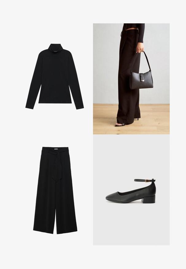 Sort turtleneck med lange ærmer. Blødt stof, tætsiddende design, høj krave og sidesøm. Simpel og alsidig stil, der er velegnet til lag-på-lag.; Sorte vide bukser i en tekstureret stofkvalitet, med elastisk talje og et aftageligt bånd i taljen for justerbar pasform.; Sorte læderpumper med spids tå og en lav blokhæl. Har en ankelrem med en guldfarvet spænde. Glat tekstur.; Sort håndtaske med struktureret form, glat overflade og metalspænde. Sammen med brede sorte bukser og sandaler med åben tå på trægulv.