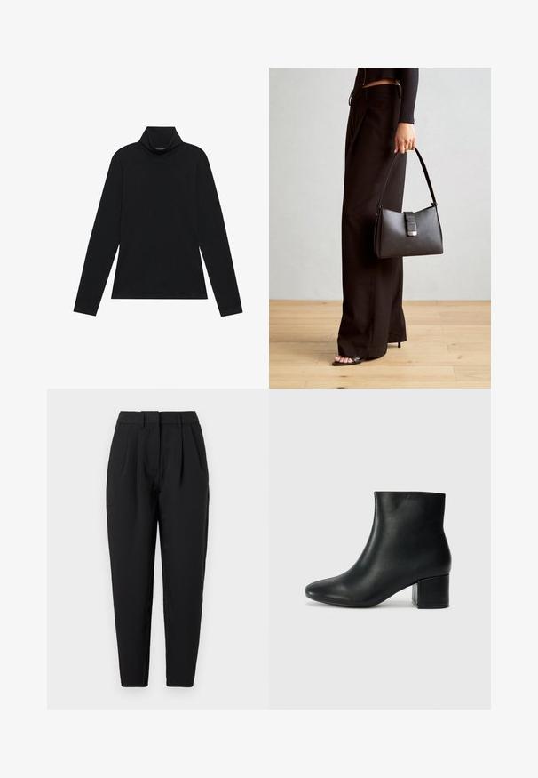 Zwarte langetermijn turtleneck. Zachte stof, getailleerd design, hoge kraag en zijnaad. Eenvoudige en veelzijdige stijl die geschikt is voor het laagjes dragen.; Zwarte pantalon met een rechte pasvorm, voorzien van plooien aan de voorkant, een gladde structuur en zijzakken. De tailleband heeft een standaardhoogte.; Zwarte leren enkellaarzen met een spitse neus en een chunky hak. Gladde textuur met minimale accenten en een slank, strakk ontwerp.; Zwarte handtas met gestructureerde vorm, gladde textuur en een metalen sluiting. Gecombineerd met brede zwarte broeken en sandalen met open teen op een houten vloer.