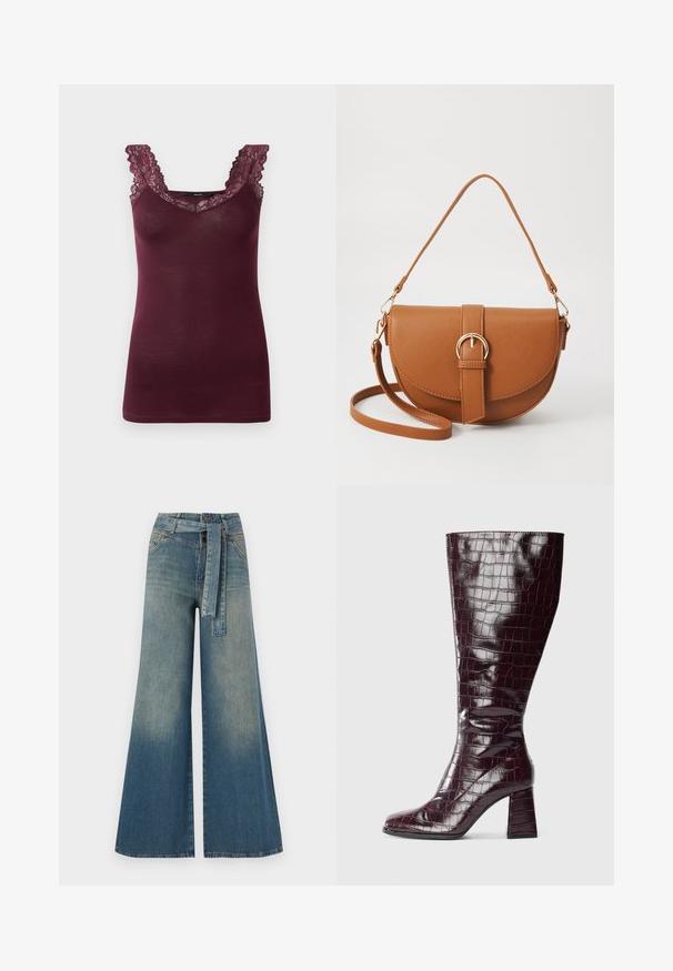 Bordeauxfarbenes Tanktop mit Spitzenbesatz entlang des V-Ausschnitts und der Träger. Weicher Stoff und figurbetonter Schnitt. Keine Muster oder sichtbaren Beschläge.; Weit geschnittene Denim-Hosen mit einem Farbverlauf von hellblau zu dunkelblau, hoher Taille, Gürtelschlaufen und einem passenden Stoffgürtel. Strukturierte Denim-Oberfläche.; Dunkelburgunderfarbene knielange Stiefel mit Krokodillederstruktur und Blockabsatz vor weißem Hintergrund, seitlich dargestellt.; Braune Leder-Crossbody-Tasche mit geschwungener Form, goldfarbenen Beschlägen und einer Schnallenakzentuierung. Verfügt über einen abnehmbaren Schultergurt.