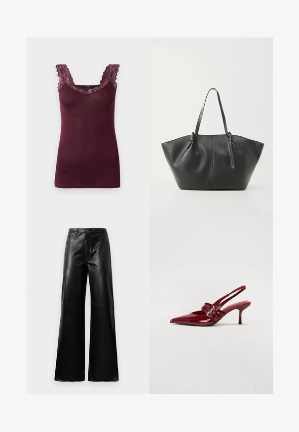 Canotta bordeaux con bordino in pizzo lungo la scollatura a V e le spalline. Tessuto morbido e design aderente. Nessun motivo o hardware visibile.; Pantaloni ampi a vita alta in ecopelle neri con bottone frontale, chiusura con zip, passanti per cintura e tasche laterali su sfondo bianco.; Décolleté slingback in vernice rossa con punta affusolata, due cinturini con fibbia e un sottile tacco a stiletto di media altezza. Texture liscia.; Vero Moda VMDITTA - Shopping bag - black