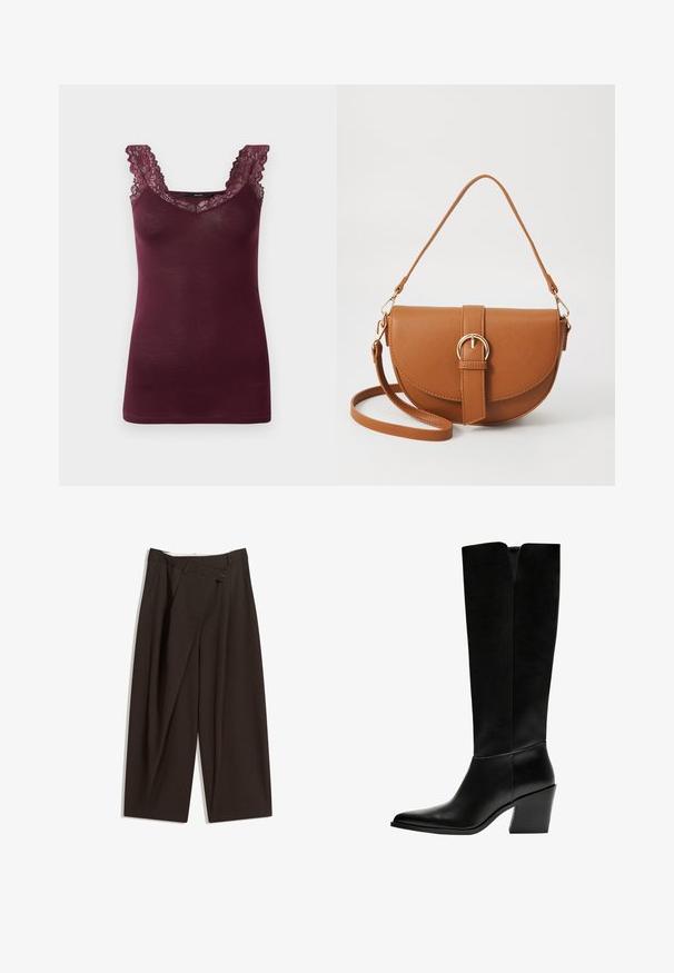 Burgundy tank top with lace trim along the V-neckline and shoulder straps. Soft texture and fitted design. No patterns or hardware visible.; Dark brown wide-leg trousers with a high waist, featuring a single button closure and a pleated front. Made from lightweight fabric.; Black knee-high boots made of smooth leather, featuring a pointed toe, a block heel, and a V-shaped cutout at the top.; Brown leather crossbody bag with a curved shape, gold hardware, and a buckle accent. Features a detachable shoulder strap.