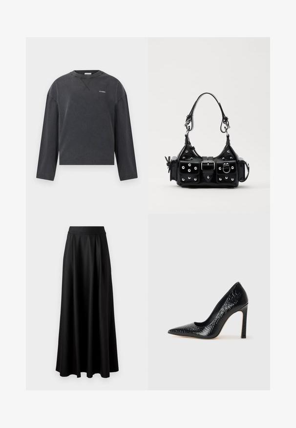 CLOSED CREWNECK LONGSLEEVE - Tops ar garām piedurknēm - black; Melnas satīna krekls ar garām piedurknēm, augstu apkakli, pieguļošu vidukli un regulējamu saiti. Gluda tekstūra ar elegantu apdari.; Melnas, grīdai pieguļošas svārki ar gludu tekstūru, platām jostām un pleitu dizainu, bez redzamām apdrukām vai rotājumiem.; Melni augstpapēžu apavi ar norādītu purngalu, ar krokodila ādas tekstūru, izceļoties ar elegantu dizainu, augstu stiletto papēdi un gludu melnu interjeru.; Melnas ādas rokturmais ar izliekumu, ar sudraba iedurtiem, sprādzi un divām sānu kabatām. Regulējams siksniņas garums dažādām nēsāšanas iespējām.