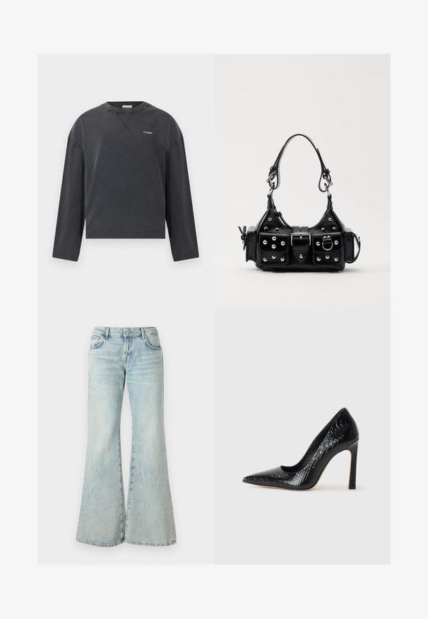 CLOSED CREWNECK LONGSLEEVE - Top s dlhým rukávom - black; Svetlomodré rozšírené džínsy z denimu, s vysokým pásom, vreckami a rozstrapkanými okrajmi. Tkanina má vyblednutý vzhľad a jemnú textúru.; Čierna lodička s špicatou špičkou a lakovanou textúrou krokodíla, s elegantným dizajnom, vysokým stiletto podpätkom a hladkým čiernym interiérom.; Čierna kožená kabelka s zakriveným dizajnom, doplnená striebornými cvočkami, prackou a dvoma bočnými vreckami. Nastaviteľný popruh poskytuje rôzne možnosti nosenia.