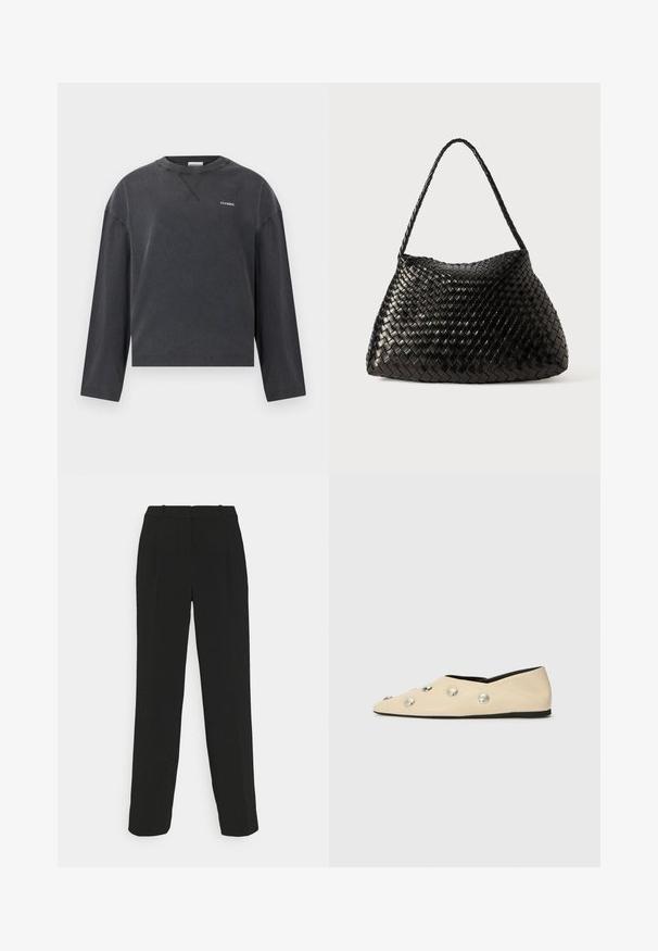 CLOSED CREWNECK LONGSLEEVE - Pitkähihainen paita - black; Mustat räätälöidyt housut suoralinjaisella designilla, joissa on korkea vyötärö, laskokset ja sileä kangas.; CLOSED Ballerinat - ecru; Mustalla kudotulla nahkakäsilaukulla, jossa on kaareva, pehmeä muoto ja yksi punottu hihna. Laukussa on sileä pinta ja monimutkainen kuviointi.