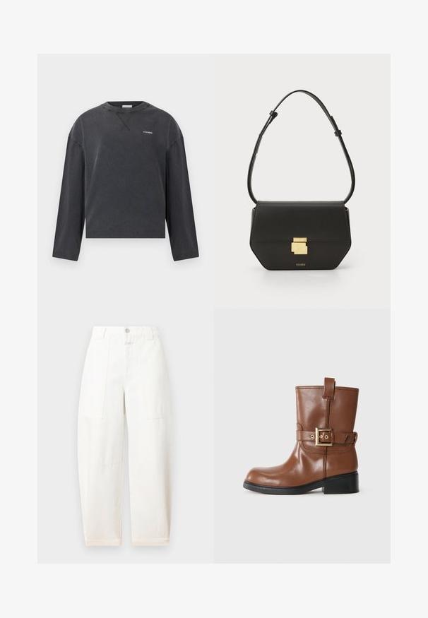 CLOSED CREWNECK LONGSLEEVE - Bluză cu mânecă lungă - black; CLOSED RHANNON - Wide leg - ivory; Botină de piele maro cu vârful rotunjit, detaliu cu cataramă aurie pe curea și toc negru, texturat, de înălțime mică. Design simplu și elegant.; CLOSED CLOSED ONE - Geantă crossbody - black