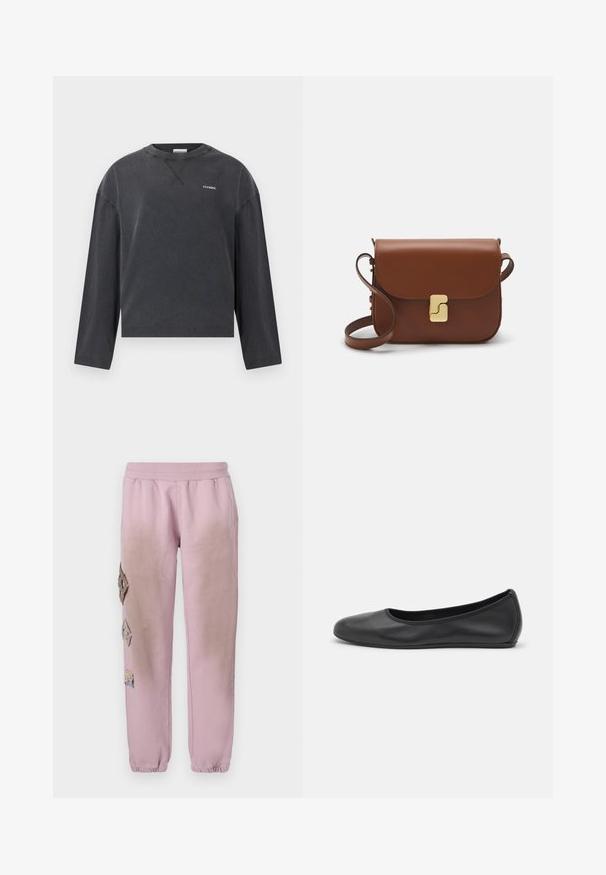 CLOSED CREWNECK LONGSLEEVE - Long sleeved top - black; Pink sweatpants with an elastic waistband, featuring decorative patches in diamond shapes on the left side and elastic cuffs at the ankles.; Black leather ballet flat with a rounded toe, smooth texture, minimal stitching detail, and a flexible sole design.; Brown leather handbag with a flap closure, gold-tone hardware, a shoulder strap, and a smooth texture. Compact rectangular shape.