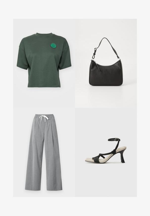 Kortsleev, cropped t-skjorte laget av mykt grønt stoff, med rund hals og et brodert sirkulært merke på brystet.; Grå vide benbukser laget av lett stoff med plisserte detaljer foran og en elastisk midjebånd med hvit snor.; Sorte helårs sandaler med flettet stroppesdesign, firkantet tå og justerbar ankelrem. Lys beige fotseng med glanset svart hæl.; Svart lærveske med en buet form, en enkelt stropp, glidelåslukking og subtil merkevarebygging på forsiden. Glatt tekstur, minimalistisk design.