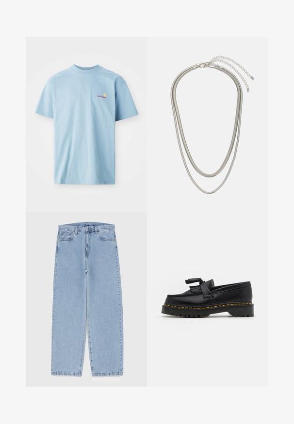 Lyseblå, kortermet t-skjorte laget av bomull, med rund hals og en liten flerfarget Carhartt-logo på venstre bryst.; Lyseblå denimjeans med rett ben-design, med mid-rise liv, fem lommer og knap og lynlås lukning.; Svart skinn loafers med en kvastdetalj, med en tjock svart sula och gul sömnad längs kanten. Texturerad yta.; Tre-lags sølvmetallkjede med elegante, fleksible kjeder med en svak glans, sikret med en krabbe-lås og justerbar kjede.