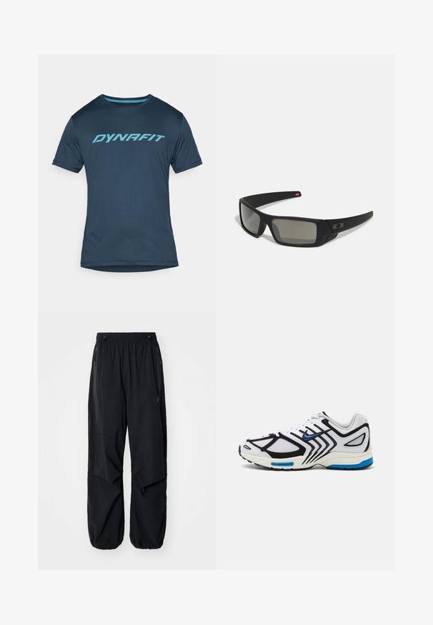 Námornícky modré tričko s krátkym rukávom na športovanie s tyrkysovým logom "DYNAFIT" na hrudi, vyrobené z ľahkej a priedušnej tkaniny.; Čierne ľahké cargo nohavice s elastickým pásom, bočnými zipsami a priestrannými vreckami. Majú voľný strih a zúžené manžety.; Biela atletická obuv s čiernymi akcentmi, sieťovanými panelmi a modrými detailmi. Obsahuje textúrovanú podrážku a elegantne prepracované línie.; Čierne slnečné okuliare s matným povrchom, obdĺžnikové šošovky, mierna krivka na straničkách, nenápadný detail loga a šošovky so zafírovaným tónovaním.